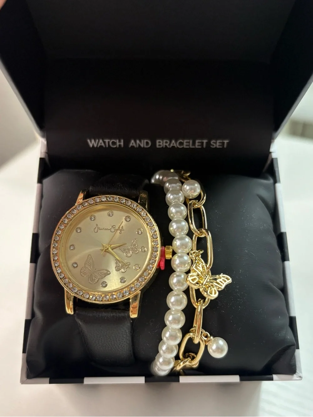 Gold Butterfly Watch & Pearl Bracelet Set - Black Strap